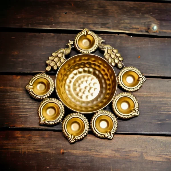 Golden Polished Peacock Diya Urli