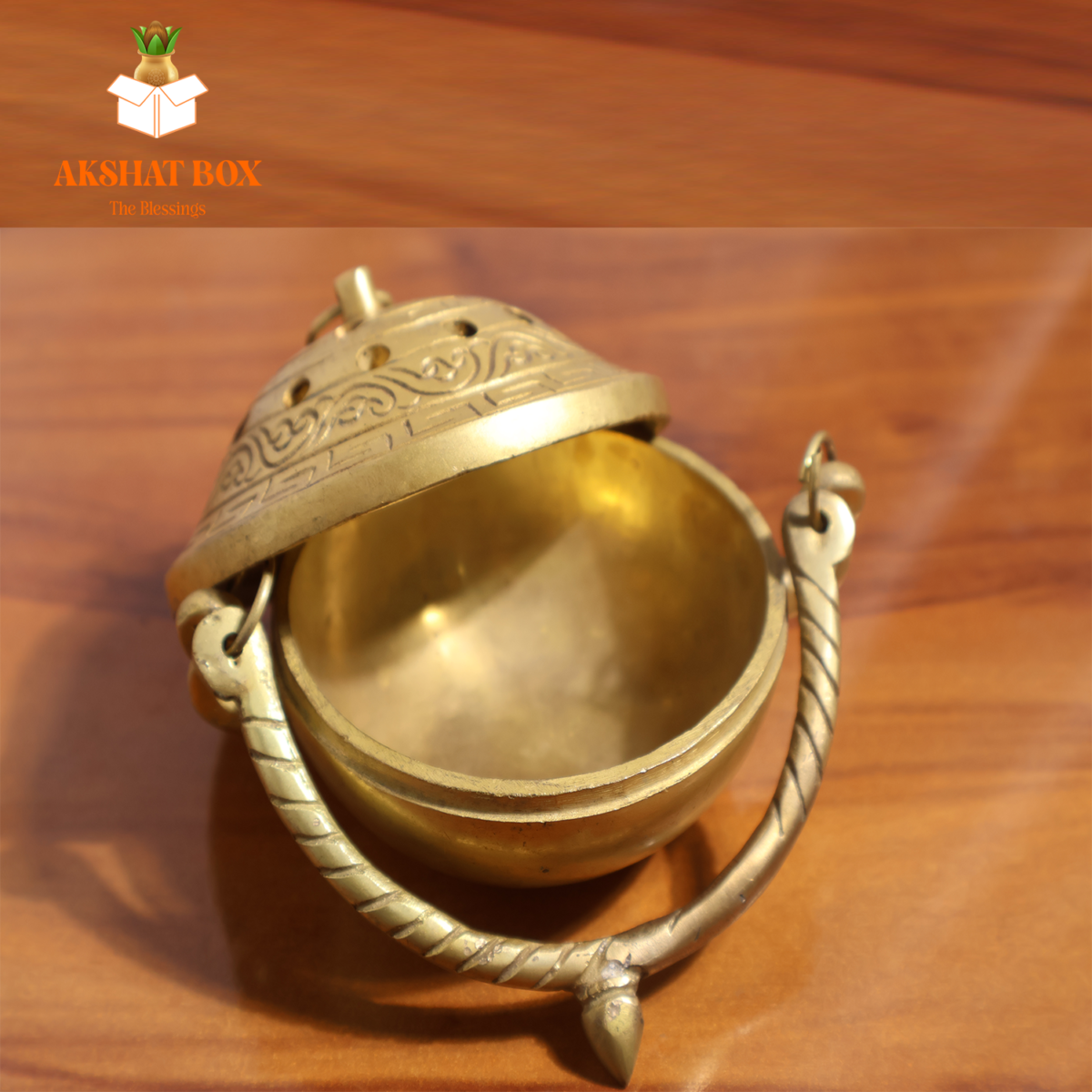 Akshat Brass Dhoop Burner with Handle & Lid (Golden) - Image 4