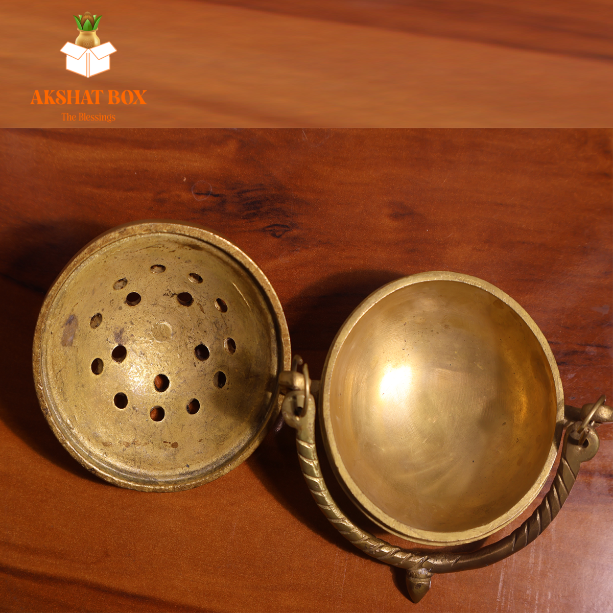 Akshat Brass Dhoop Burner with Handle & Lid (Golden) - Image 3