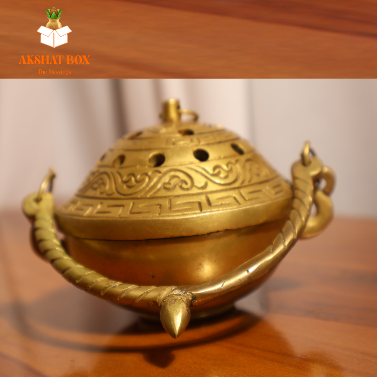 Akshat Brass Dhoop Burner with Handle & Lid (Golden) - Image 2
