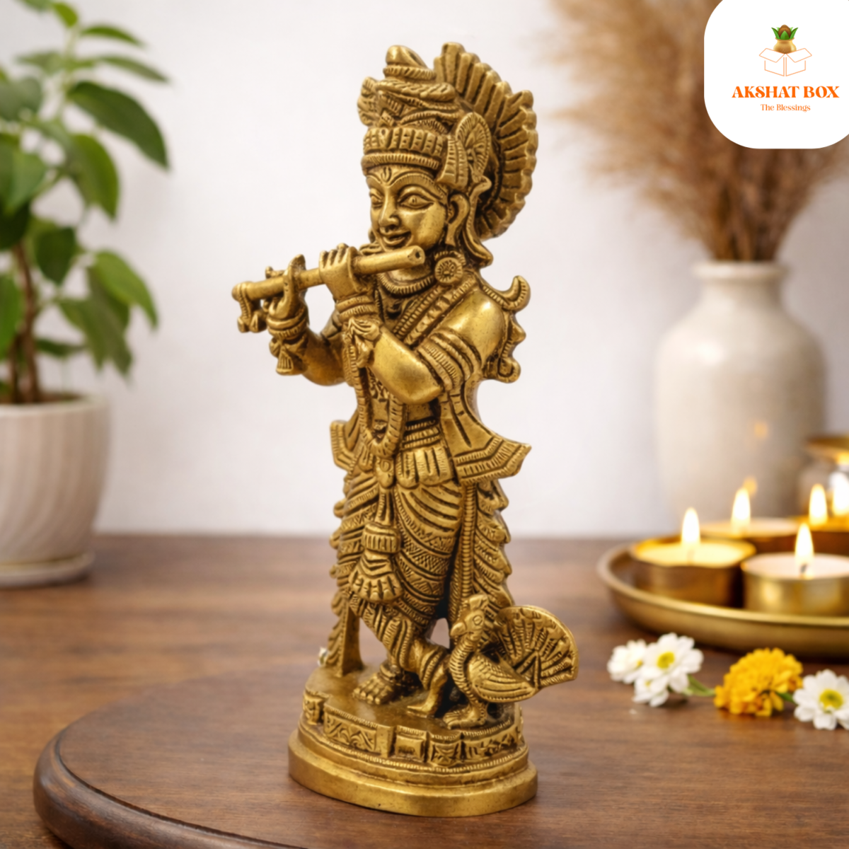 BRASS Lord Krishna Idol / Brass Krishna Idols Showpiece Flute Playing Krishna  Decorative Figurine for Home Temple Office Table Top - Image 4