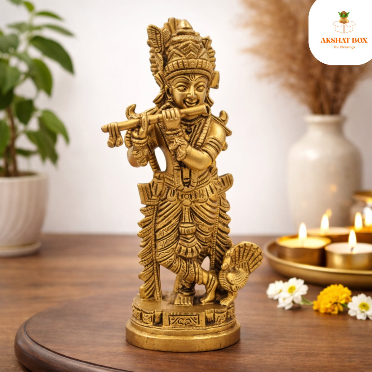BRASS Lord Krishna Idol / Brass Krishna Idols Showpiece Flute Playing Krishna  Decorative Figurine for Home Temple Office Table Top - Image 5