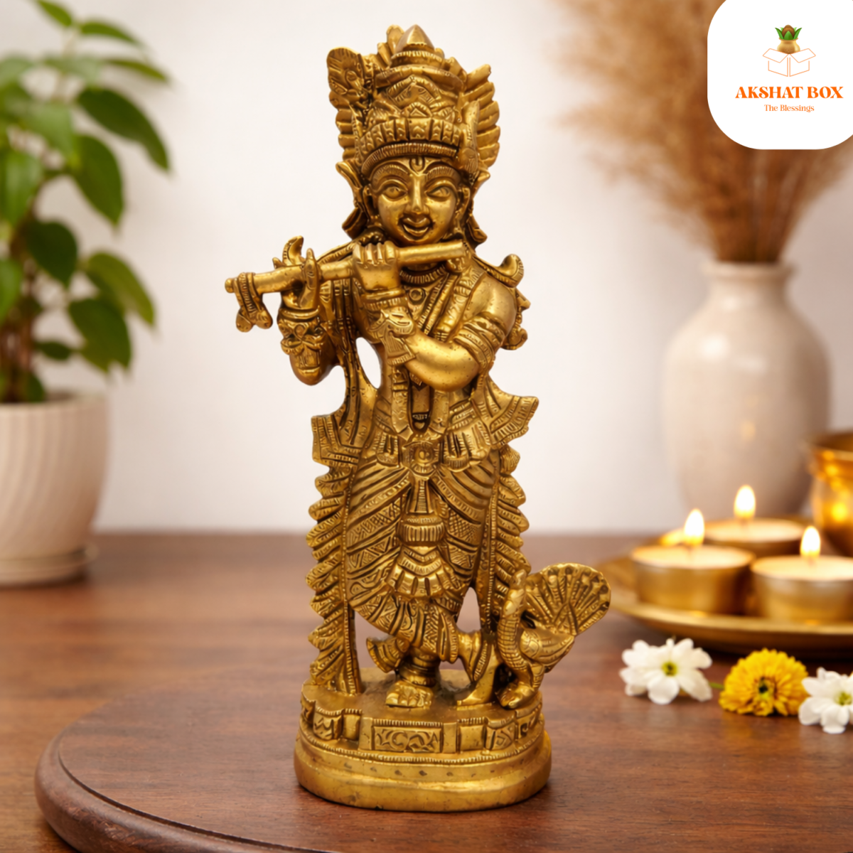 BRASS Lord Krishna Idol / Brass Krishna Idols Showpiece Flute Playing Krishna  Decorative Figurine for Home Temple Office Table Top - Image 6