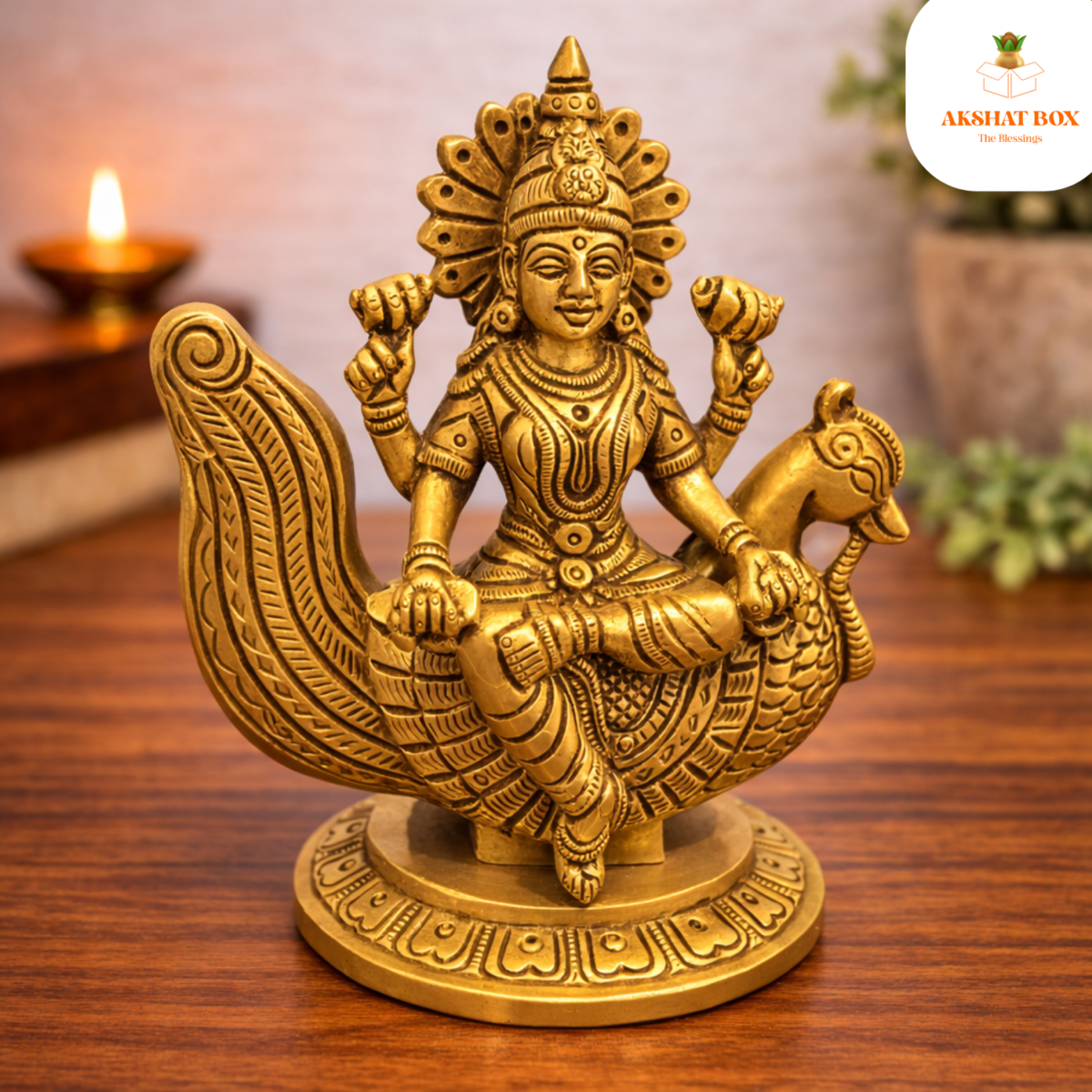 Brass Swarswati Idol  sitting on Hans - Image 5