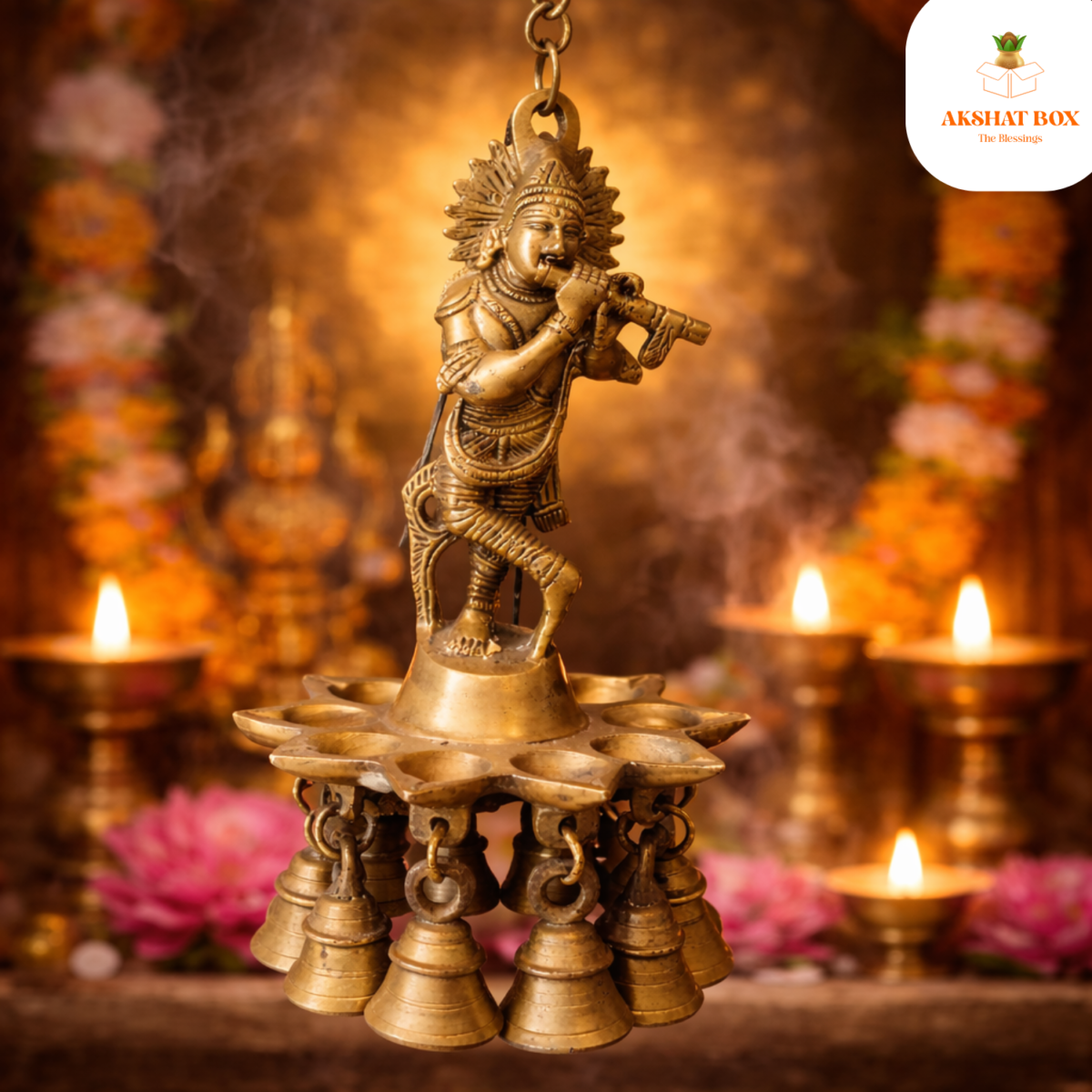 Krishna hanging diya brass with bell - Image 6