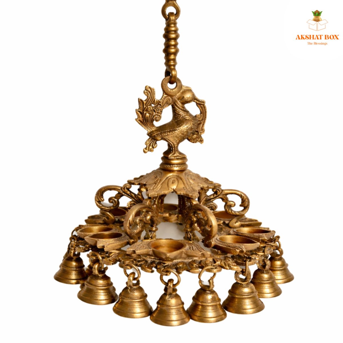 "Antique brass Peacock hanging  lotus diya  with bell" - Image 2