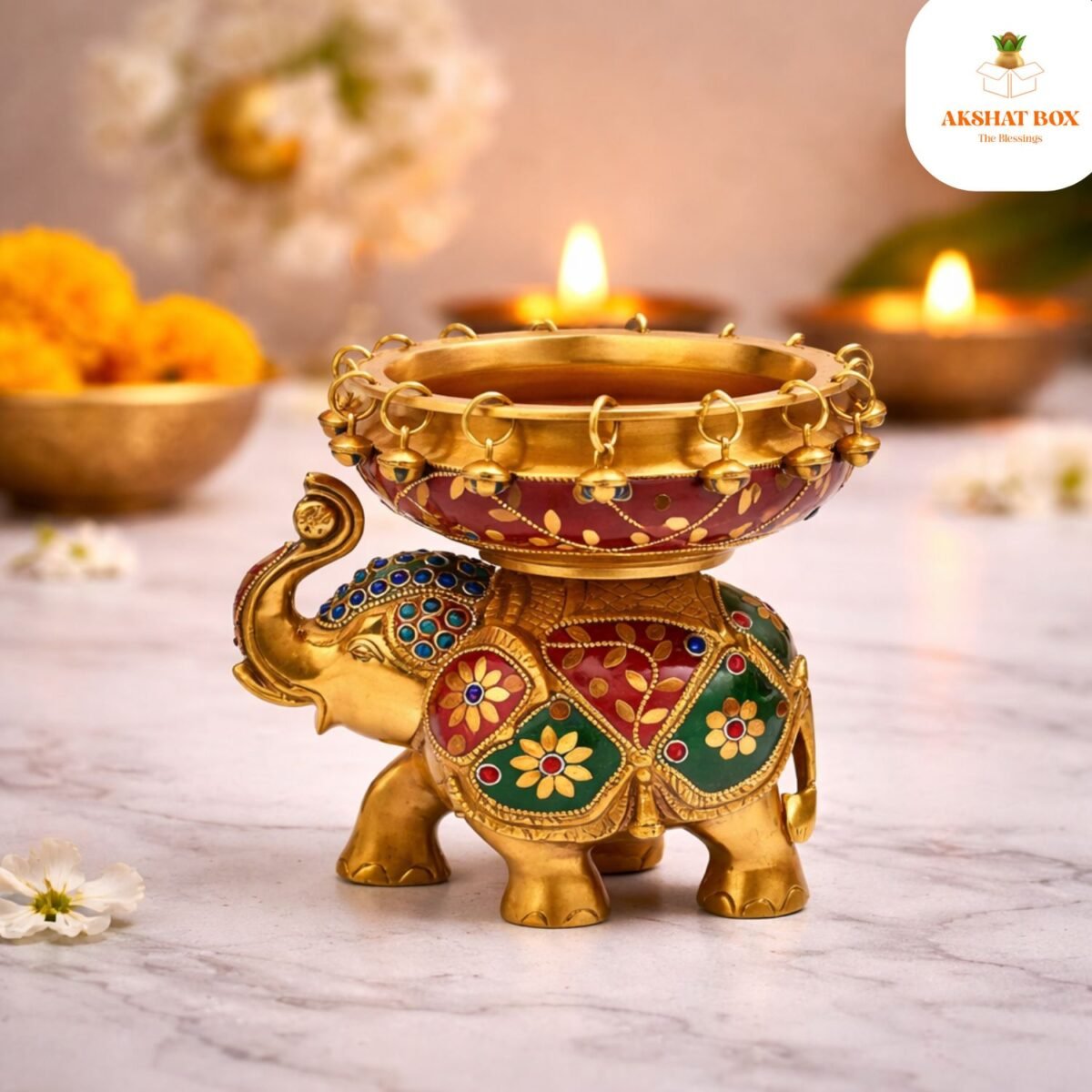 Brass urli on Elephant with Meenakari Work - Image 7