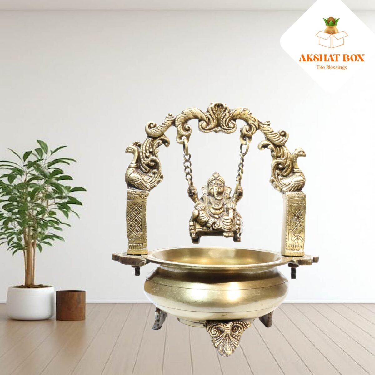 BRASS URLI WITH GANESHA HANGING IN CENTER - Image 5