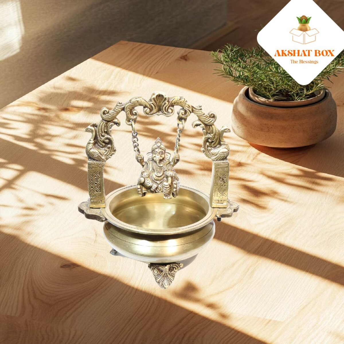 BRASS URLI WITH GANESHA HANGING IN CENTER - Image 8