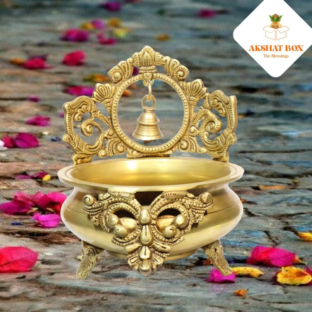 BRASS URLI WITH BELL HANGING IN CENTER - Image 4