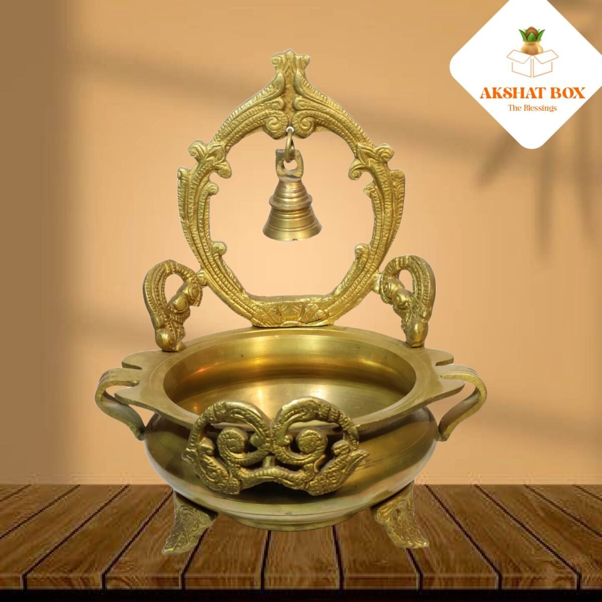 Brass Urli with bell design with stand - Image 3