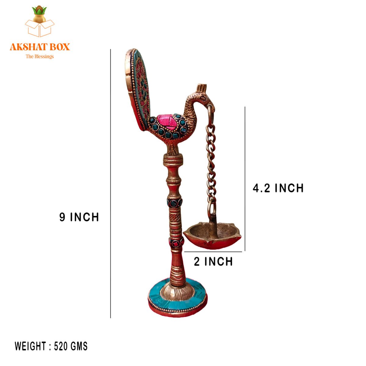 Brass Peacock Hanging Diya with  Stone Work - Image 2