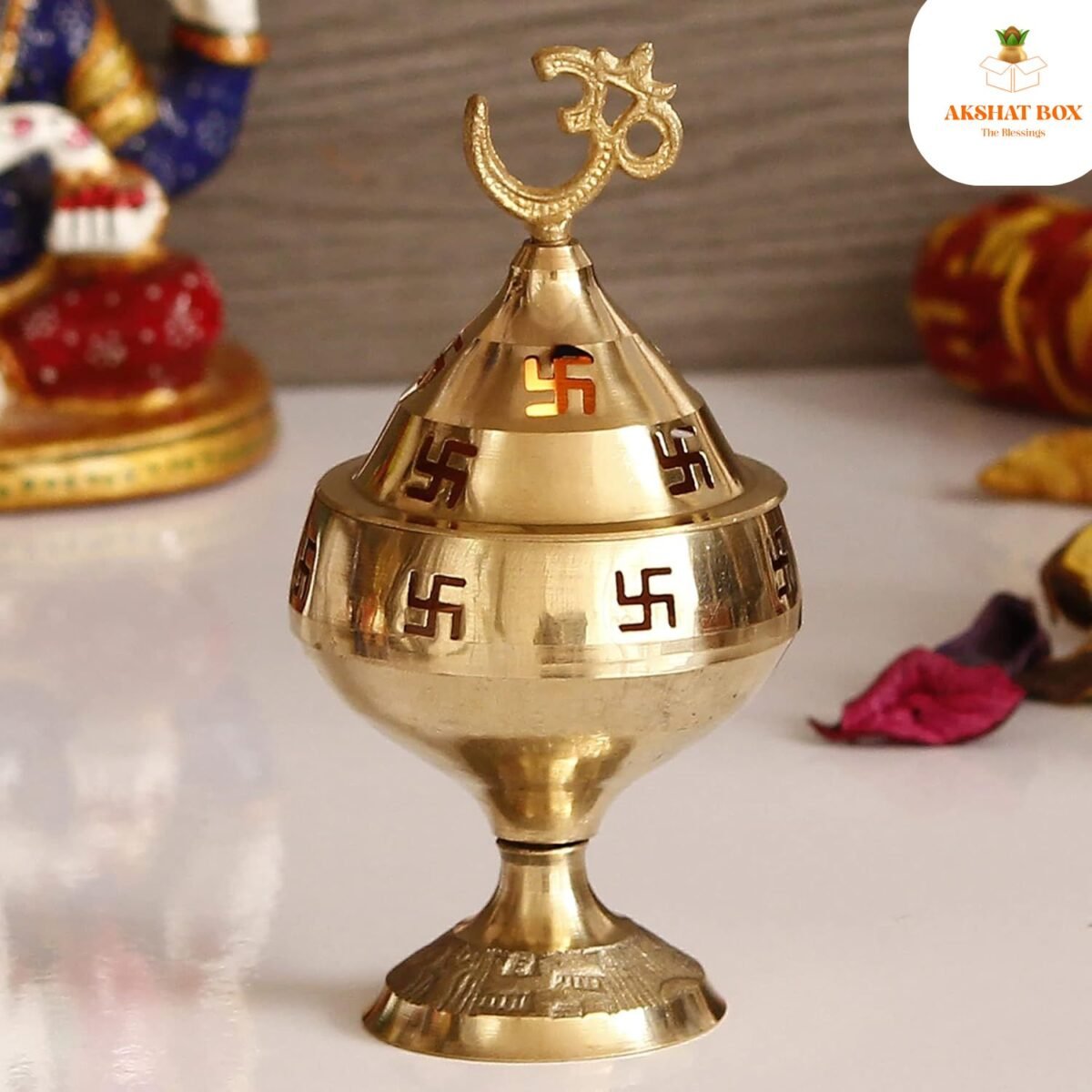 Golden Om and Swastik Symbol Decorative Brass Diya - Image 7
