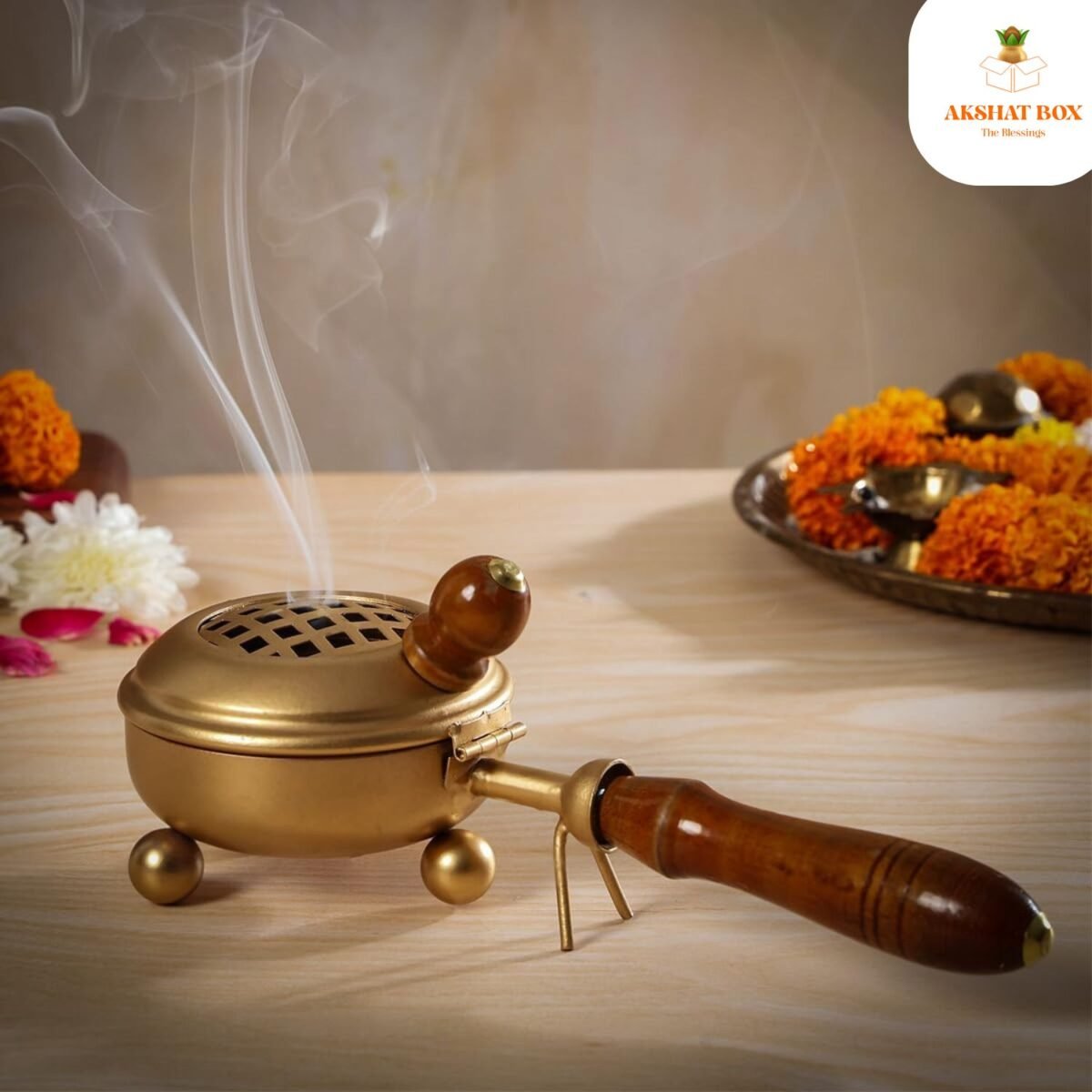Brass Coated  Metal Dhoop Dhani with Wooden Handle - Image 4