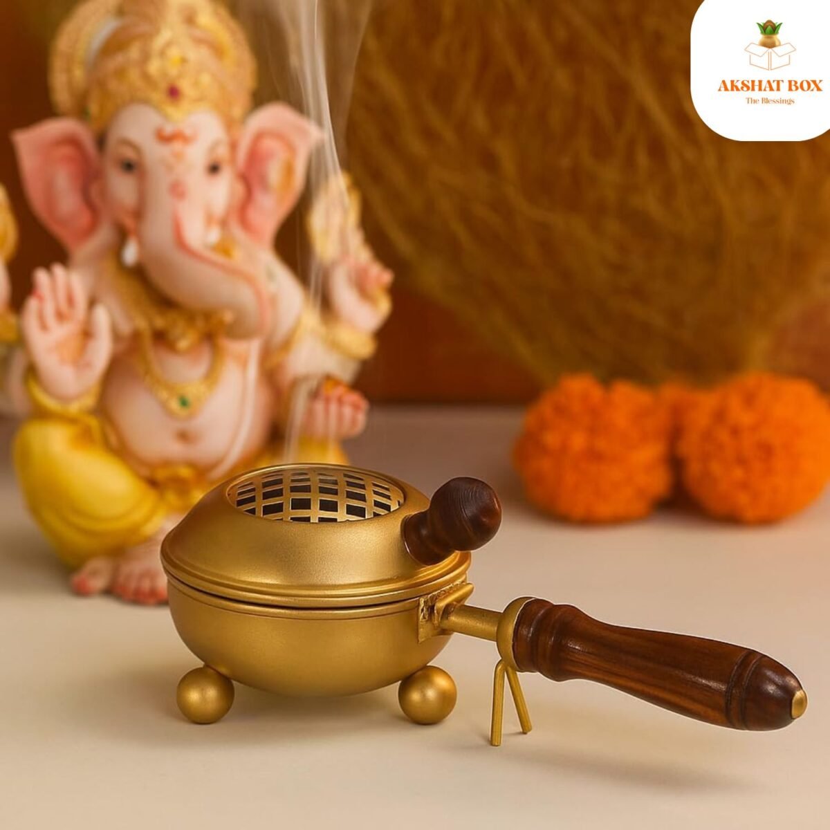 Brass Coated  Metal Dhoop Dhani with Wooden Handle - Image 9