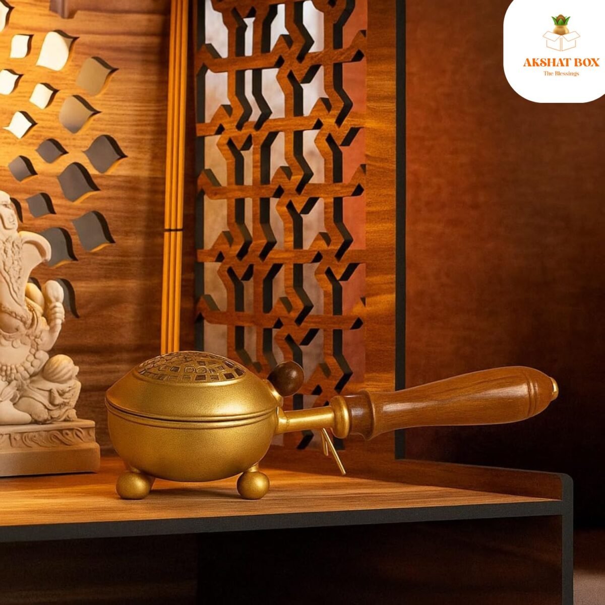 Brass Coated  Metal Dhoop Dhani with Wooden Handle - Image 10