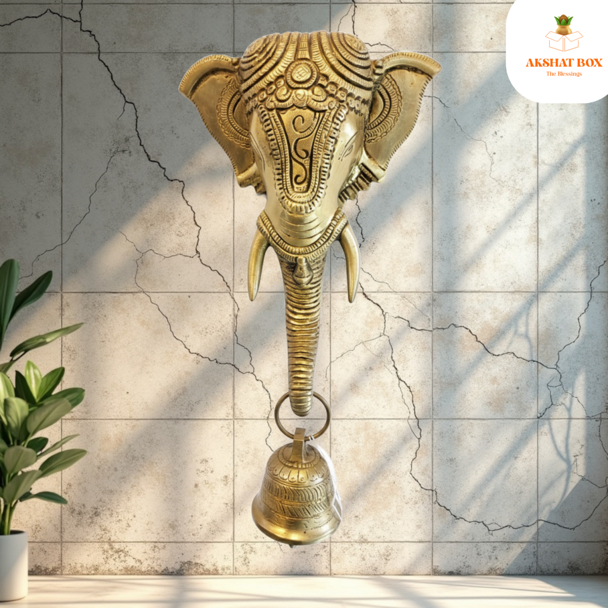 Brass wall hanging Ganesha Face With bell - Image 4