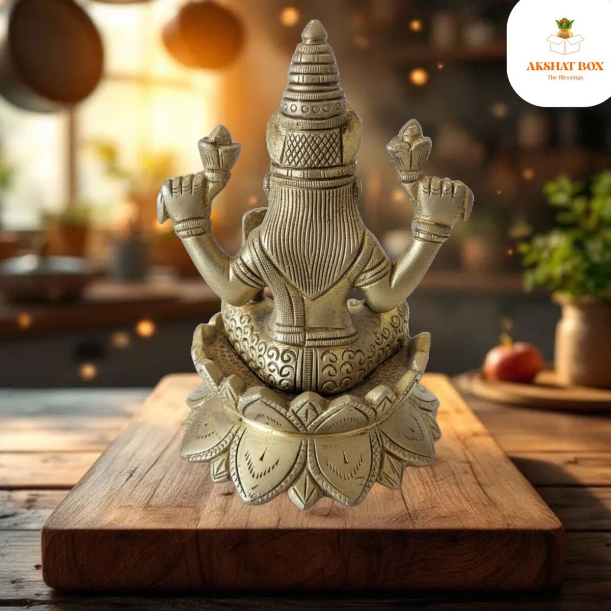 Brass Lakshmi Idol Sitting On Lotus Base - Image 4