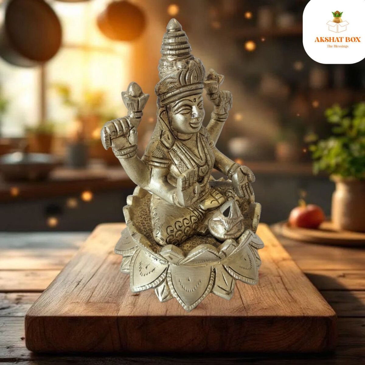 Brass Lakshmi Idol Sitting On Lotus Base - Image 5