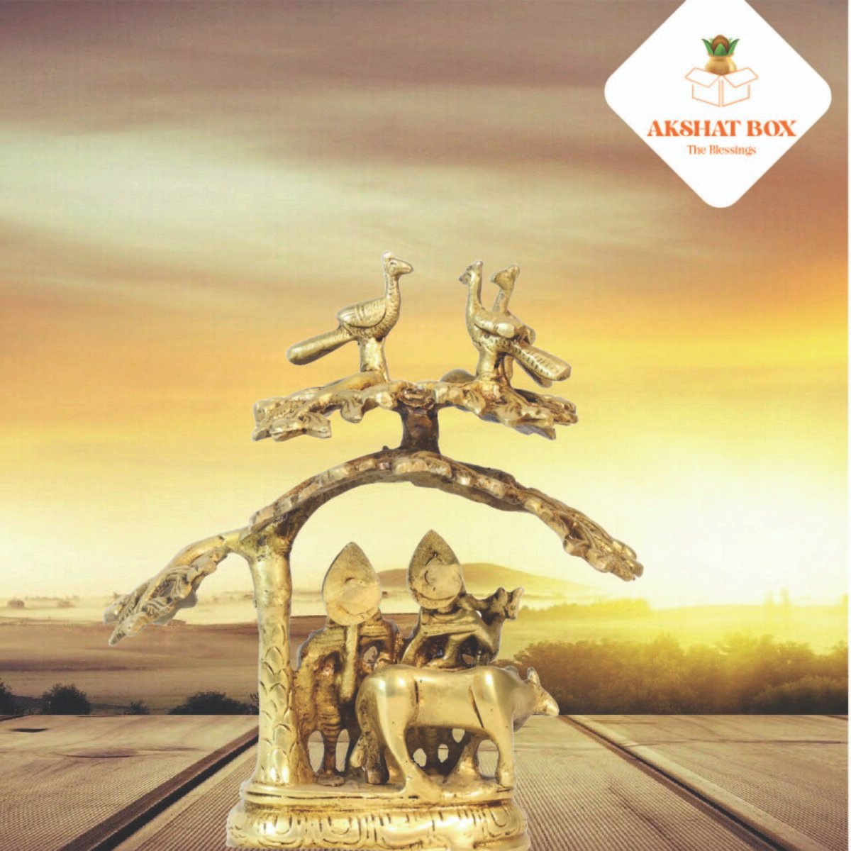 Krishna Idol Statue Standing Under Tree with peacock and cow - Image 4