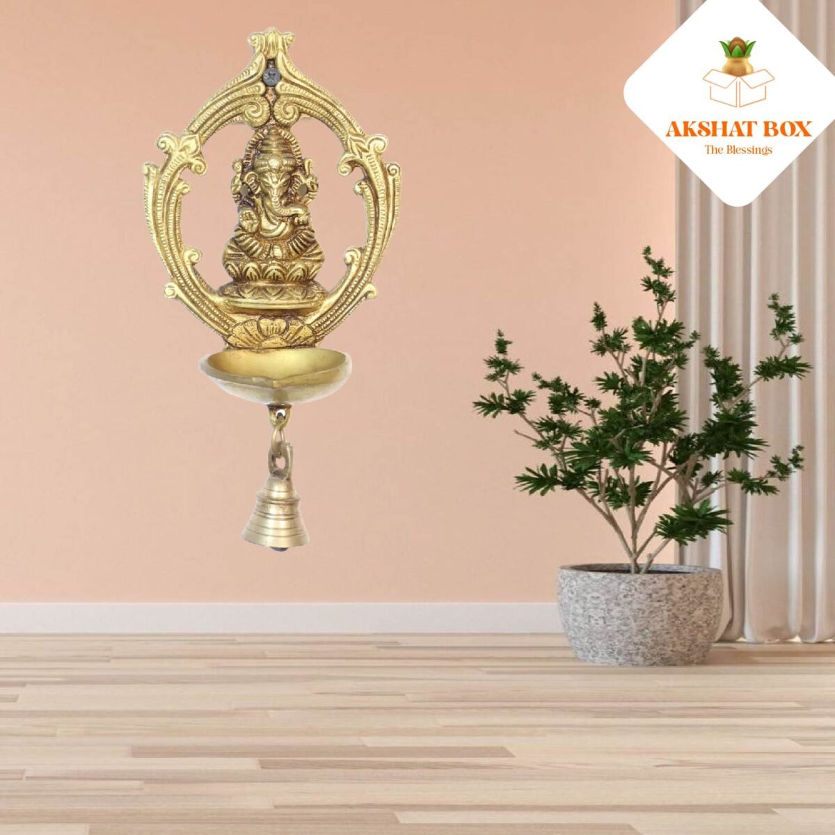 Brass Ganesh Wall Hanging Deepak with Bell - Image 3