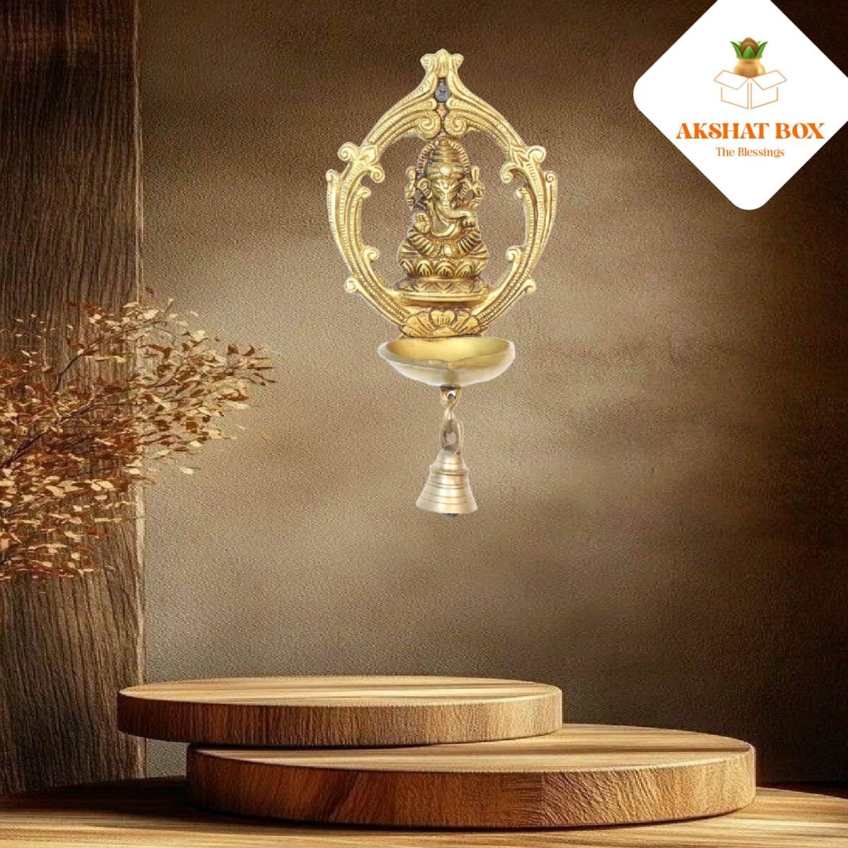 Brass Ganesh Wall Hanging Deepak with Bell - Image 4