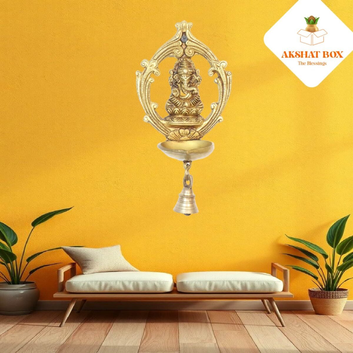 Brass Ganesh Wall Hanging Deepak with Bell - Image 5