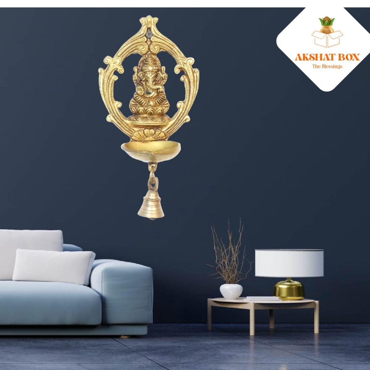 Brass Ganesh Wall Hanging Deepak with Bell - Image 7