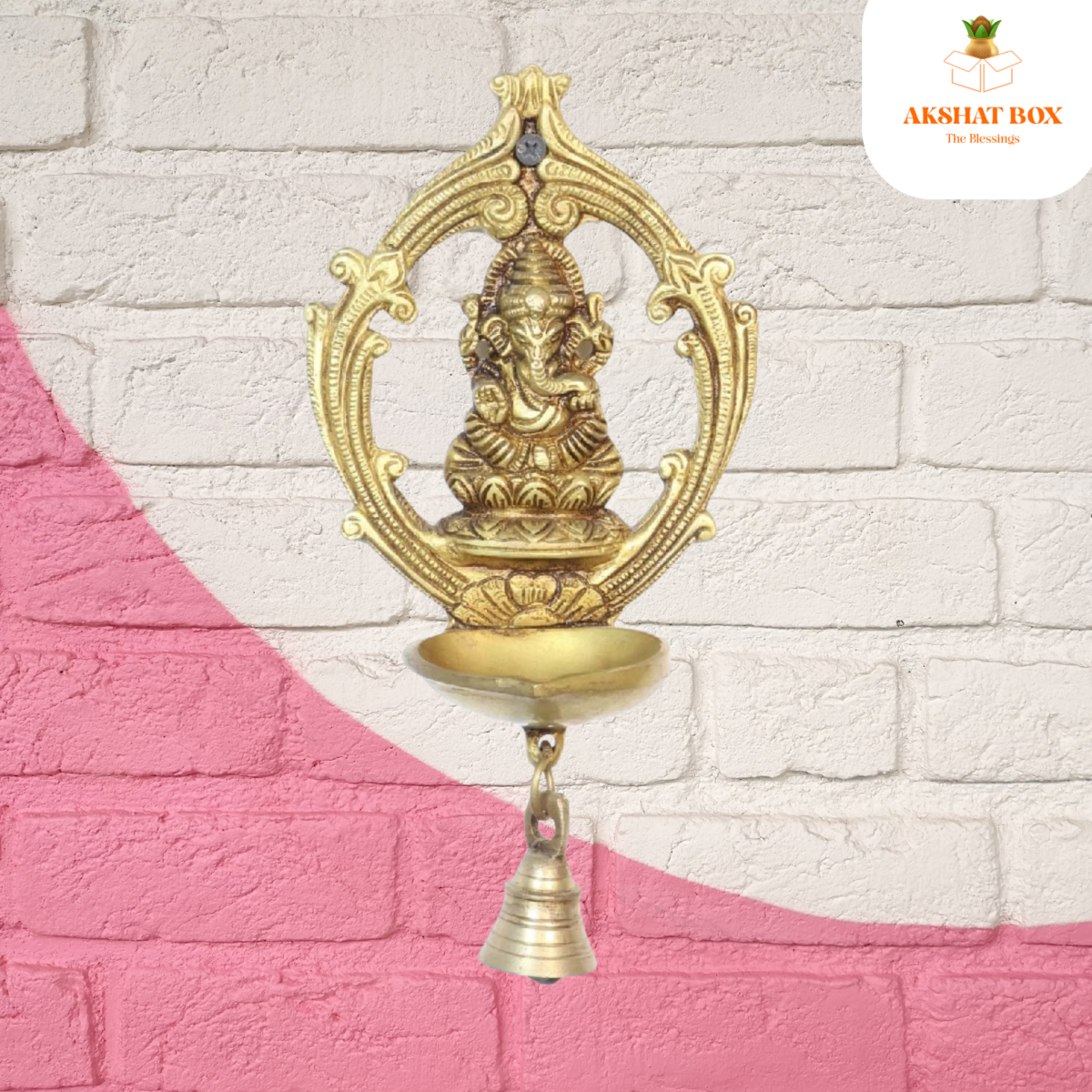 Brass Ganesh Wall Hanging Deepak with Bell - Image 9