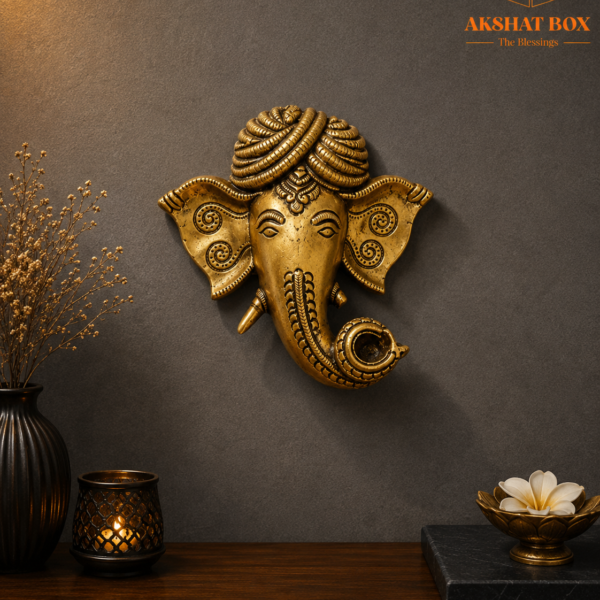 Antique Brass Ganesh Face Wall Hanging | Akshat Box
