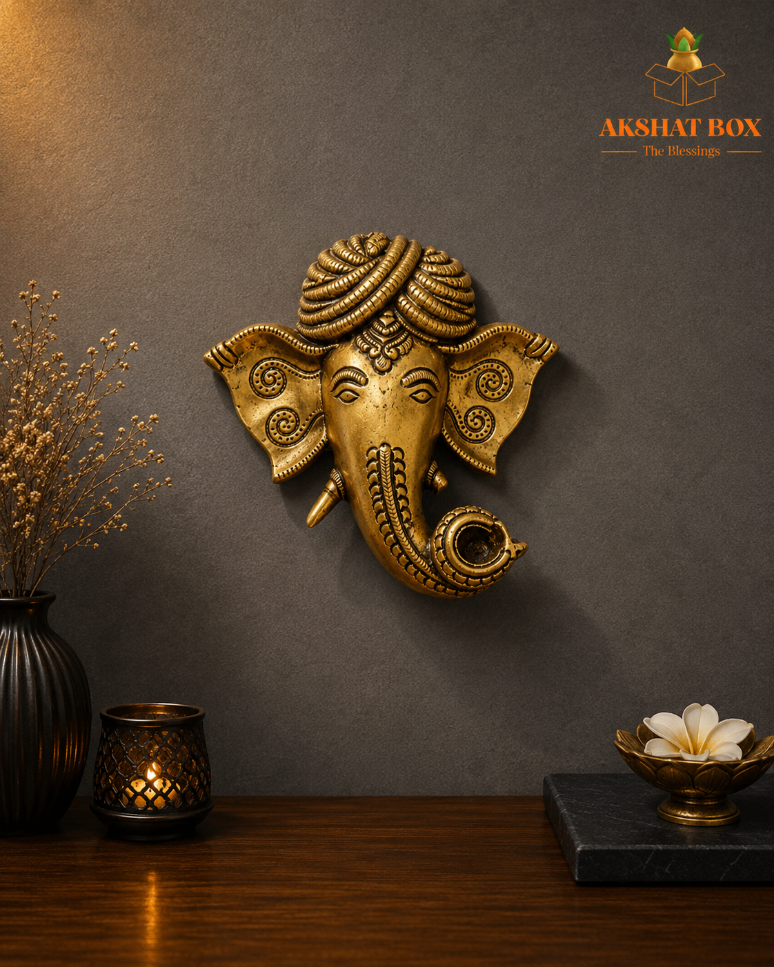 Antique Brass Ganesh Face Wall Hanging | Akshat Box Antique Brass Ganesh Face Wall Hanging | Akshat Box