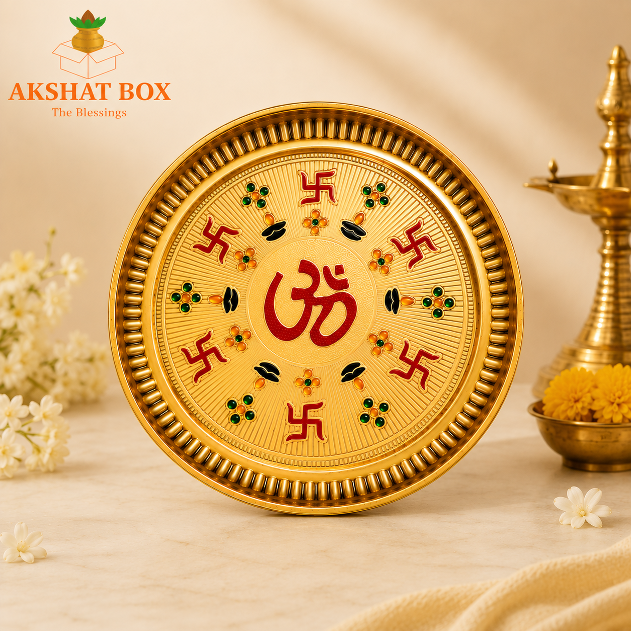 1 (1) Brass Pooja Thali with Om Symbol, Gold Finish,. - Image 1