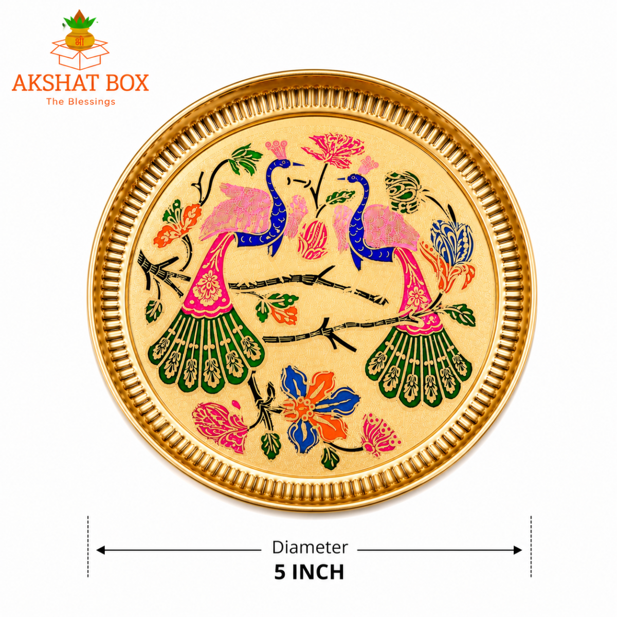 Traditional Minakari Brass Peacock Pooja Thali (12') - Image 2