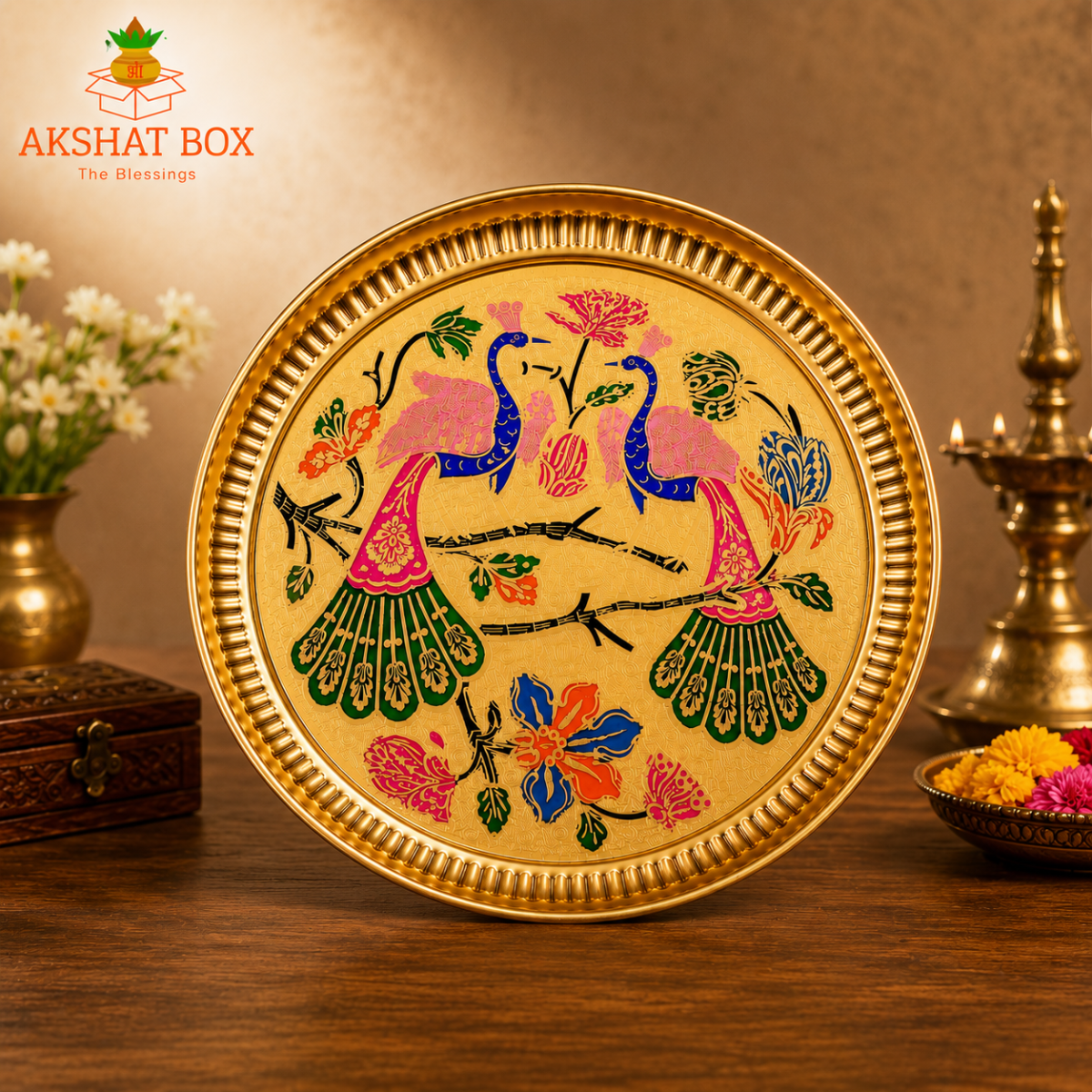 Traditional Minakari Brass Peacock Pooja Thali (12') - Image 3