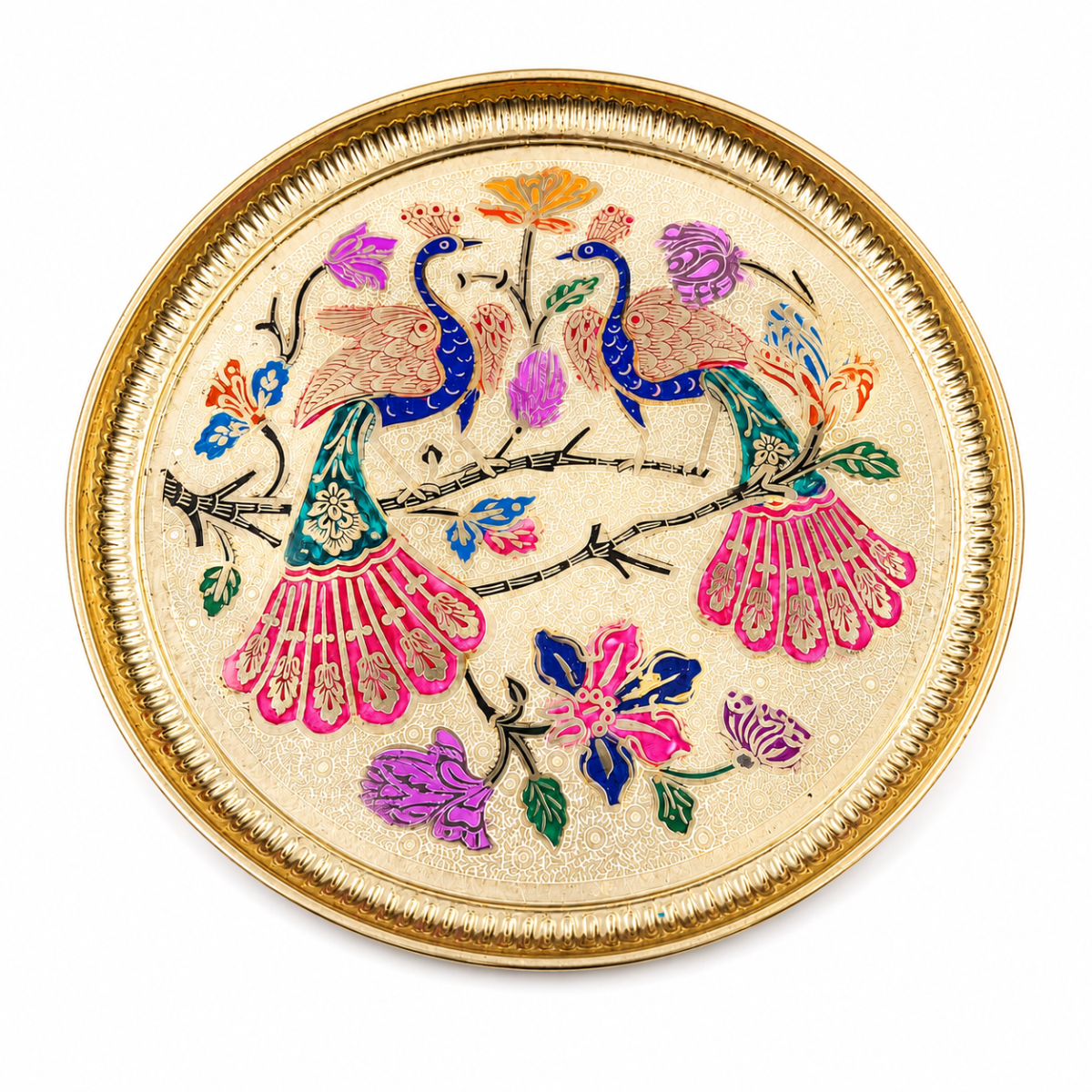 Traditional Minakari Brass Peacock Pooja Thali (12') - Image 5