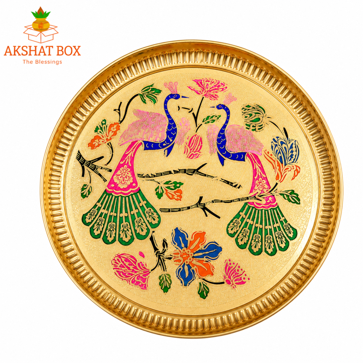 Traditional Minakari Brass Peacock Pooja Thali (12') - Image 4