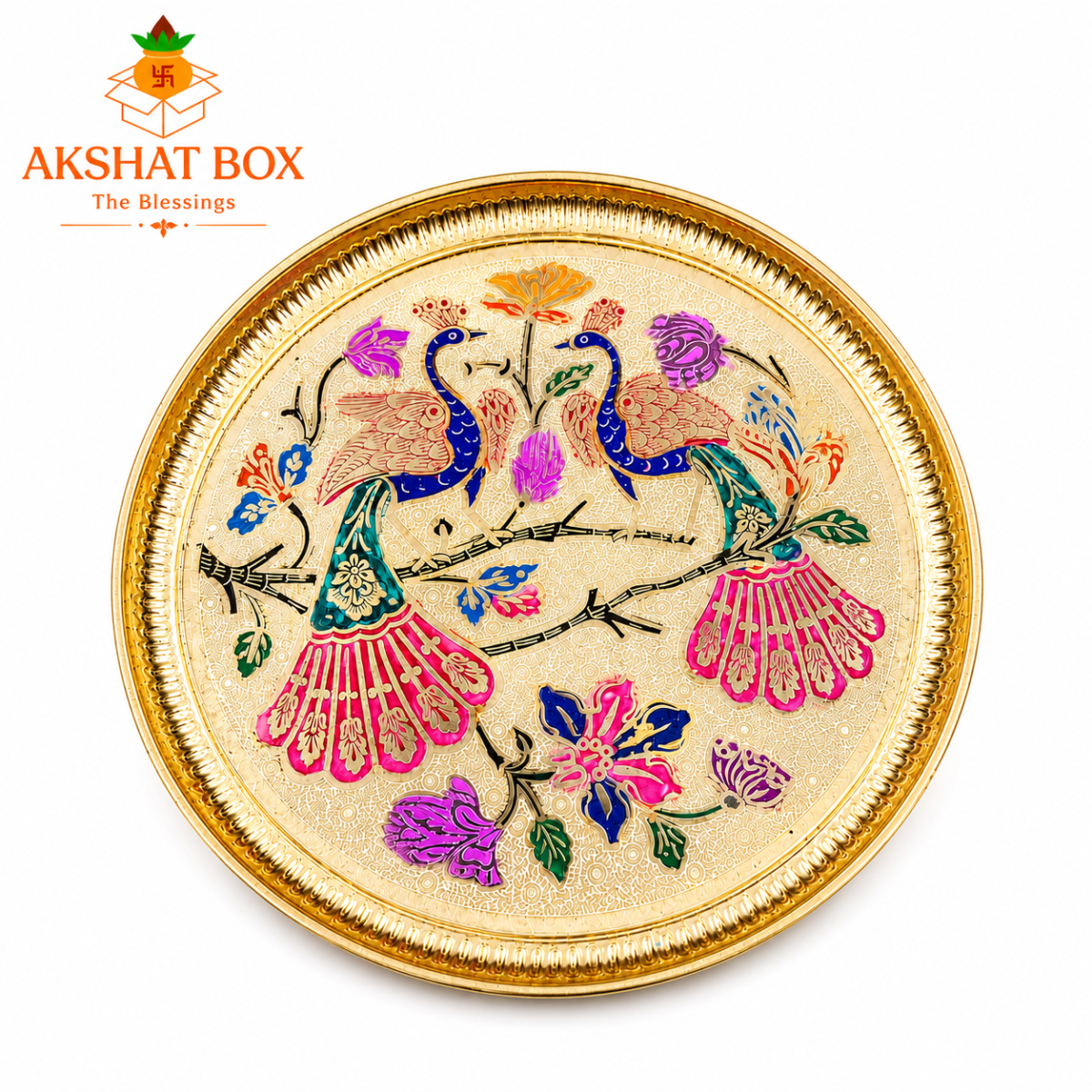 Traditional Minakari Brass Peacock Pooja Thali (12') - Image 4
