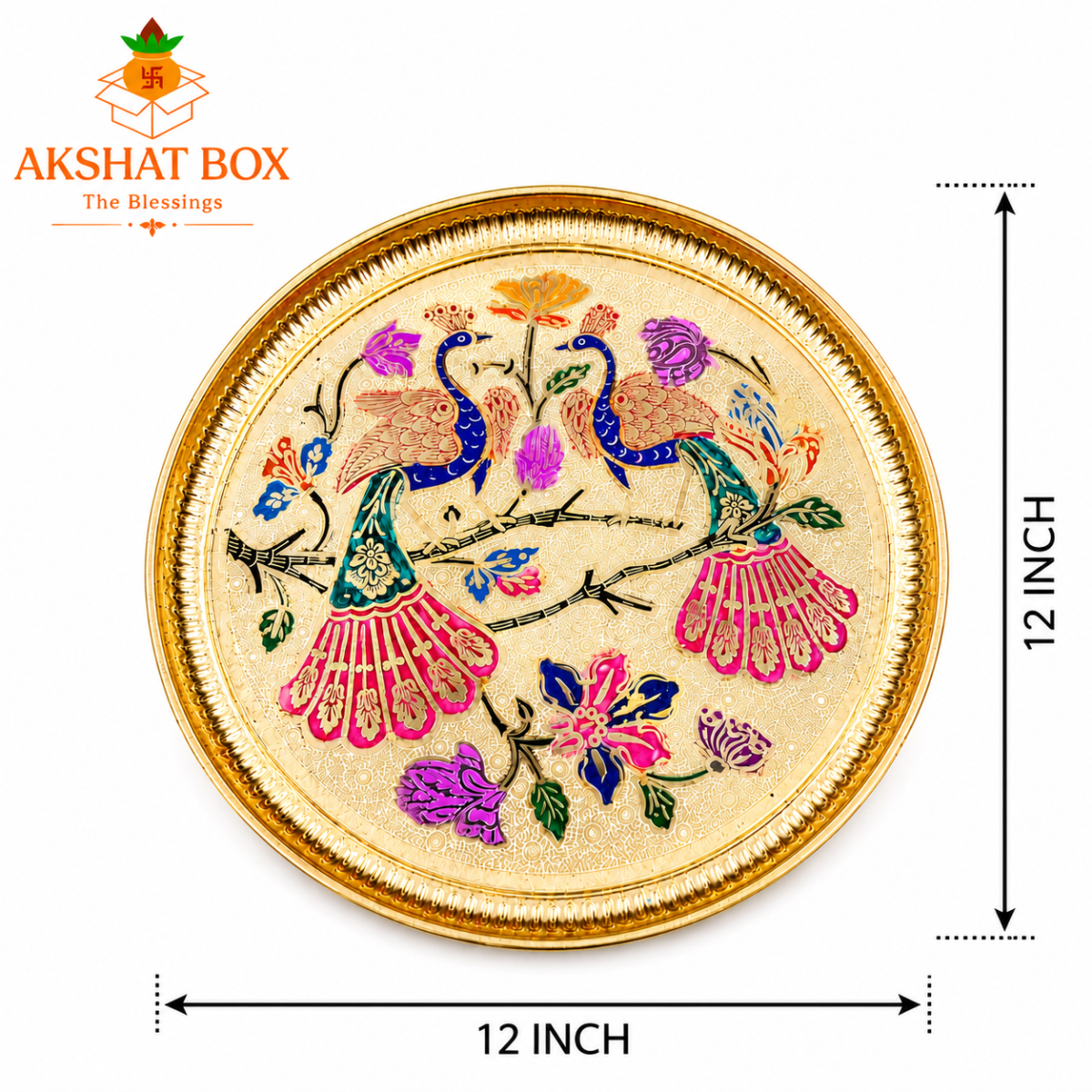 Traditional Minakari Brass Peacock Pooja Thali (12') - Image 3