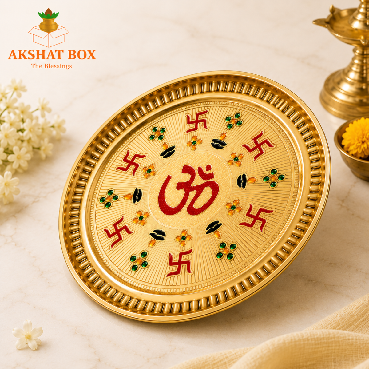 Brass Pooja Thali with Om Symbol, Gold Finish,. - Image 6