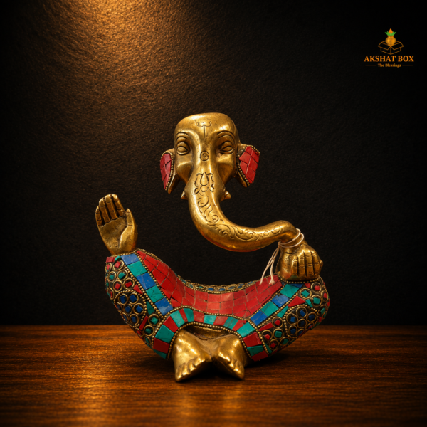 Brass Ganesha Stone Work | Handcrafted Brass Ganesh Murti | Akshat Box