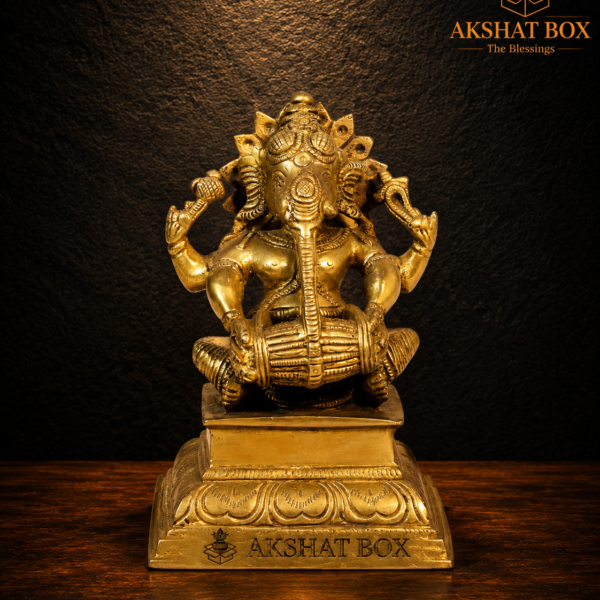 Brass Ganesh Idol with Dholak | Akshat Box
